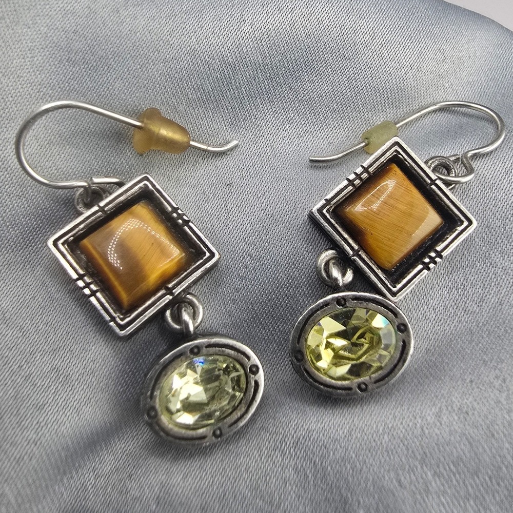 Vintage Patricia Locke Dangle Earrings Brown Yellow Geometric Tiered 1.5in